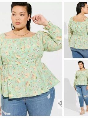 Torrid SZ 3 Floral Light Green Babydoll Milkmaid Fairycore Long Sleeve Top